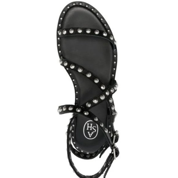 Ash Shoes - ASH Petra Silver Studded Sandals in Black Leather Size 7 EU 38 Brand New NIB NWT